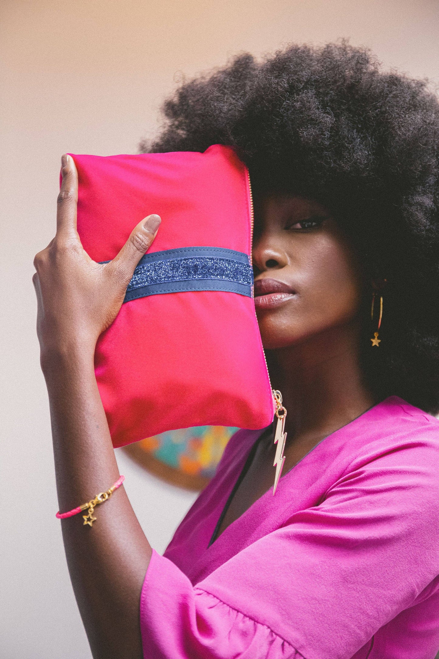 Pink Velvet Clutch Bag (Green stripe)