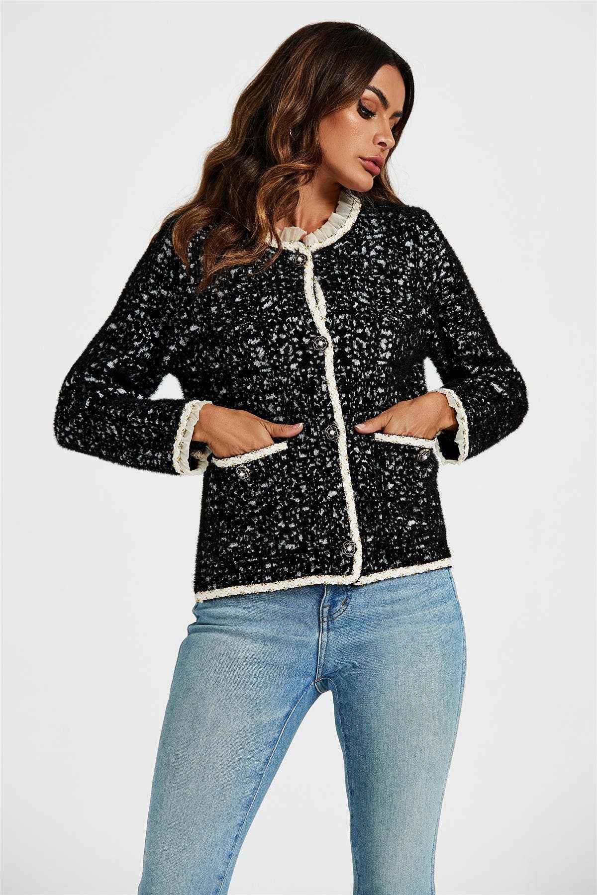 Lace Trim Boucle Jacket In Black