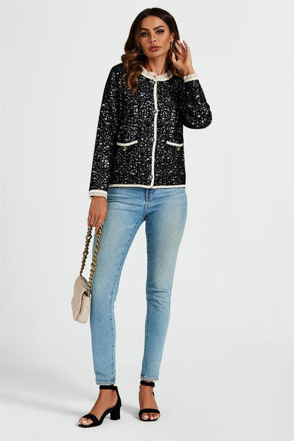 Lace Trim Boucle Jacket In Black