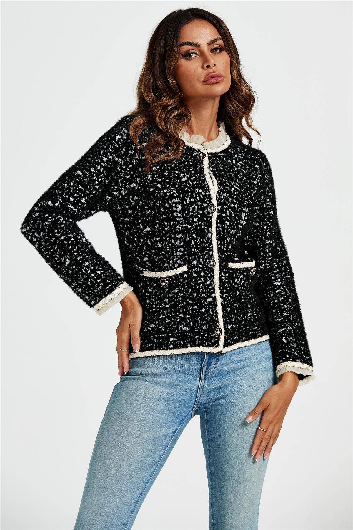 Lace Trim Boucle Jacket In Black